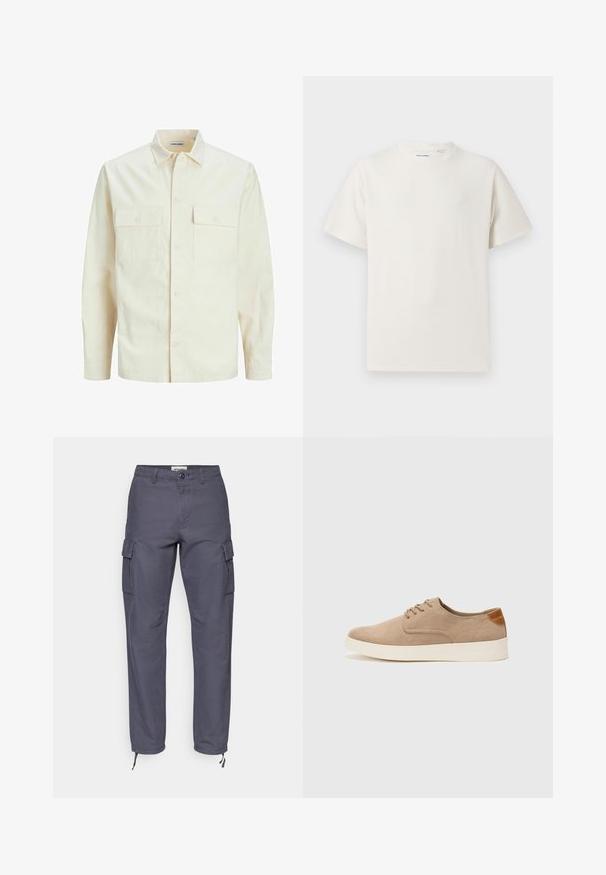 Ljusbeige långärmad skjorta med krage, två framfickor, knäppning och en texturerad tyg.; Vit t-shirt med kort ärm i ribbad struktur. Rund halsringning, löst sittande passform, inga synliga mönster eller detaljer. Enkelt och mångsidigt design.; Cargo byxor i mörkgrå bomull. Har sidofickor, knappstängning och justerbara ändar med snören. Rakt bensnitt med sömlös textur.; Beige mockasinsneakers med rund tå, snörning fram och texturerad bakaxel. Vit gummisula ger kontrast. Enkelt och modernt design.