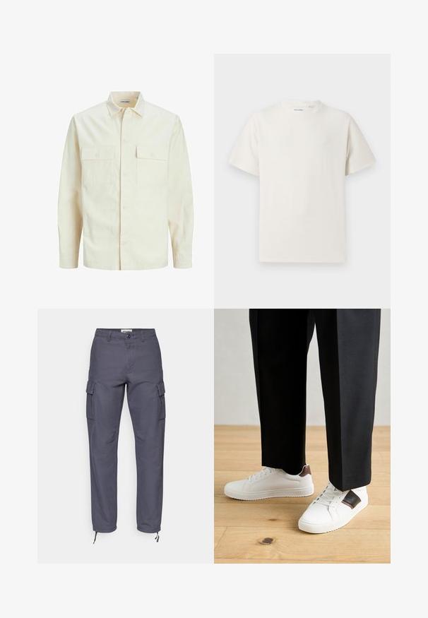 Cămașă lungă cu mâneci lungi de culoare bej deschis, cu guler, două buzunare frontale, închidere cu butoane și un material texturat.; Tricou alb cu maneci scurte, dintr-un material ribbed. Guler rotund, croi lejer, fără modele sau accente vizibile. Design simplu și versatil.; Pantaloni cargo din bumbac gri închis. Prezintă buzunare laterale, închidere cu buton și tivuri reglabile cu șnururi. Design cu picior drept și textură fără cusături.; Sneakers albe cu textură netedă, având accente din piele maro și detalii negre, asociate cu pantaloni negri pe măsură. Fundal din podea din lemn.
