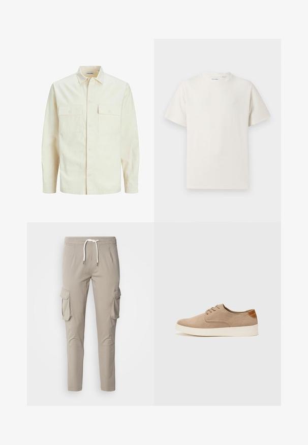 Svetlo bež srajca z dolgimi rokavi, ovratnim izrezom, dvema sprednjima žepoma, zapenjanjem na gumbe in teksturirano tkanino.; Bela majica s kratkimi rokavi iz rebraste tkanine. Okrogli izrez, sproščen kroj, brez vidnih vzorcev ali naglasov. Preprosta in vsestranska zasnova.; Bež delovne hlače z elastičnim pasom, zapiranjem na vrvico, stranskimi žepi in paneliranjem kolen. Imajo dva velika stranska žepa.; Bež tkanine usnjene superge z zaobljenim nosom, vezalkami na sprednji strani in teksturiranim zadnjim detajlom. Belo gumijasto podplato zagotavlja kontrast. Enostaven in sodoben dizajn.