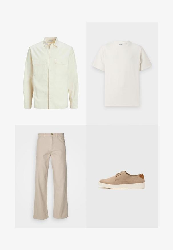 Světle béžová košile s dlouhým rukávem, límečkem, dvěma předními kapsami, zapínáním na knoflíky a strukturovanou tkaninou.; Bílý krátký rukáv tričko s pružnou strukturou. Kulatý výstřih, volný střih, bez viditelných vzorů nebo detailů. Jednoduchý a univerzální design.; Béžové bavlněné kalhoty širokého střihu s pěti kapsami, zapínáním na knoflík a poutky na opasek; hladká textura se rovný střih a lem.; Béžové semišové tenisky s kulatou špičkou, šněrováním vpředu a texturovaným zadním akcentem. Bílá gumová podrážka poskytuje kontrast. Jednoduchý a moderní design.