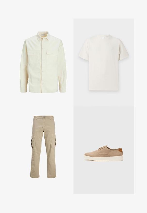 Vaaleanbeige pitkähihaisen paidan, jossa on kaulukset, kaksi etutaskua, nappikiinnitys ja tekstiilissä on tekstuuria.; Valkoinen lyhythihainen T-paita ribbikuviossa. Pyöreä kaula-aukko, rento istuvuus, ei näkyviä kuvioita tai yksityiskohtia. Yksinkertainen ja monikäyttöinen muotoilu.; Erihköönbeige-housut, jotka on valmistettu puuvillasta. Niissä on useita sivutaskuja, vetoketjusuljenta ja suora lahjemuoto. Sileä pinta, jossa on vahvistetut saumat.; Beige nubuck-lenkkarit, joissa on pyöreä kärki, nauhakiinnitys ja teksturoitu takaosa. Valkoinen kumipohja tuo kontrastia. Yksinkertainen ja moderni muotoilu.