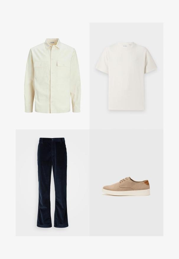 Lichtbeige langemouwen shirt met een kraaghalslijn, twee voorzakken, knoopsluiting en een gestructureerde stof.; Witte korte mouwen T-shirt met ribbelstructuur. Ronde hals, ontspannen pasvorm, geen zichtbare patronen of accenten. Eenvoudig en veelzijdig ontwerp.; Marineblauwe ribfluweel broek met een rechte pijpdesign, voorzien van verticale ribbels, knoopsluiting en voorkruimelzakken.; Beige suède sneakers met een ronde neus, vetersluiting aan de voorkant en een getextureerde achteraccent. De witte rubberen zool zorgt voor contrast. Eenvoudig en modern ontwerp.