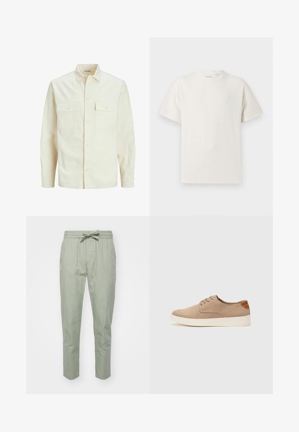 Camisa de manga larga color beige claro con cuello, dos bolsillos frontales, cierre de botones y una tela texturizada.; Camiseta blanca de manga corta en textura acanalada. Cuello redondo, corte relajado, sin patrones ni acentos visibles. Diseño simple y versátil.; Pantalones ajustados de color verde claro, con cintura elástica y cordón ajustable; hechos de una suave tela texturizada para mayor comodidad.; Zapatillas de ante beige con puntera redondeada, cordones en la parte delantera y un acento texturizado en la parte trasera. La suela de goma blanca proporciona contraste. Diseño sencillo y moderno.