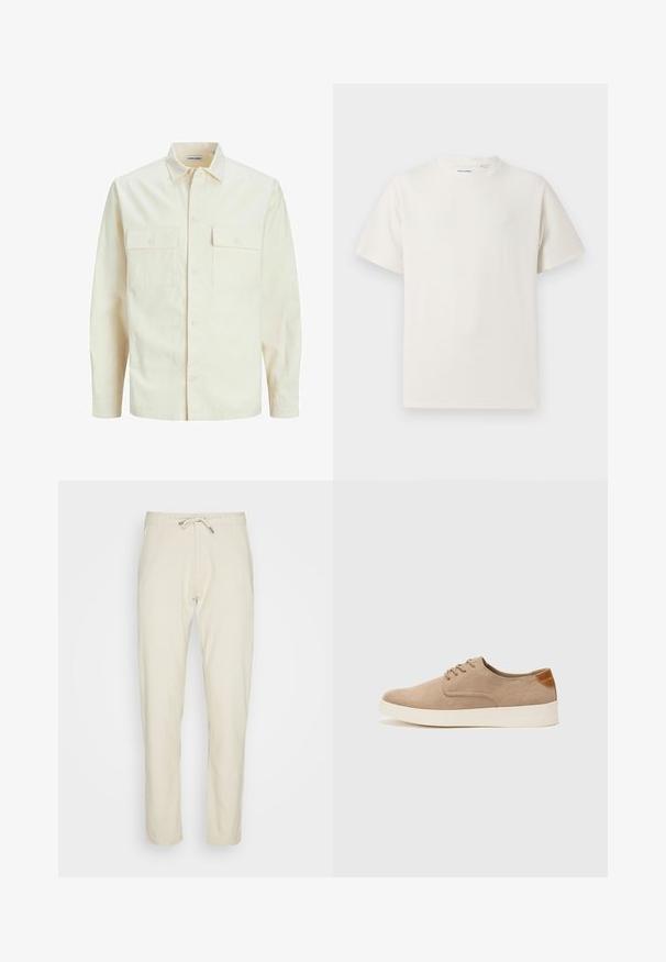 Lichtbeige langemouwen shirt met een kraaghalslijn, twee voorzakken, knoopsluiting en een gestructureerde stof.; Witte korte mouwen T-shirt met ribbelstructuur. Ronde hals, ontspannen pasvorm, geen zichtbare patronen of accenten. Eenvoudig en veelzijdig ontwerp.; Beige broek van lichte stof, met een koord in de taille, een getailleerde pasvorm en rechte benen met een gladde textuur.; Beige suède sneakers met een ronde neus, vetersluiting aan de voorkant en een getextureerde achteraccent. De witte rubberen zool zorgt voor contrast. Eenvoudig en modern ontwerp.