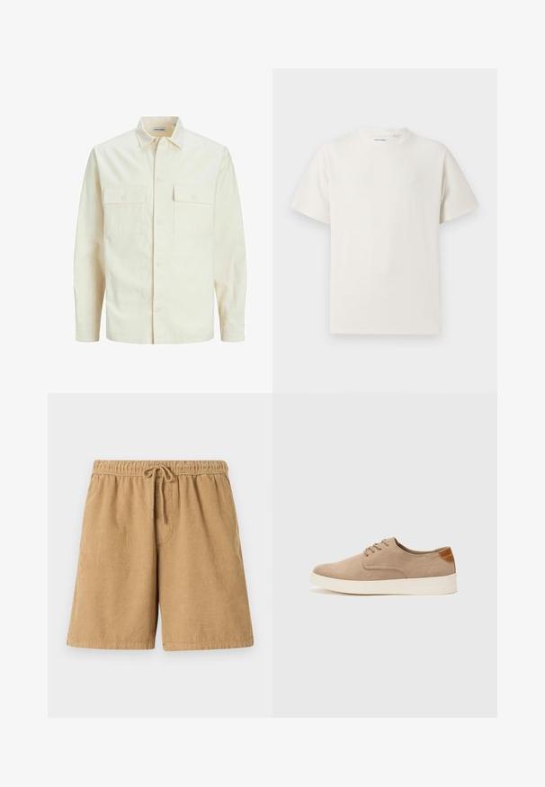 Hellbeige Langarmhemd mit klassischem Kragen, zwei Fronttaschen, Knopfverschluss und strukturiertem Stoff.; Weißes T-Shirt mit kurzen Ärmeln in gerippter Textur. Runder Ausschnitt, lockere Passform, keine sichtbaren Muster oder Akzente. Einfaches und vielseitiges Design.; Braune Cordshorts mit einem elastischen Bund und Kordelzug. Mit senkrechten Rippungen und seitlichen Taschen. Kurze Länge und lässiges Design.; Beige Wildleder-Sneaker mit runder Zehenpartie, Schnürung und strukturiertem Rückenteil. Die weiße Gummisohle sorgt für einen Kontrast. Einfaches und modernes Design.