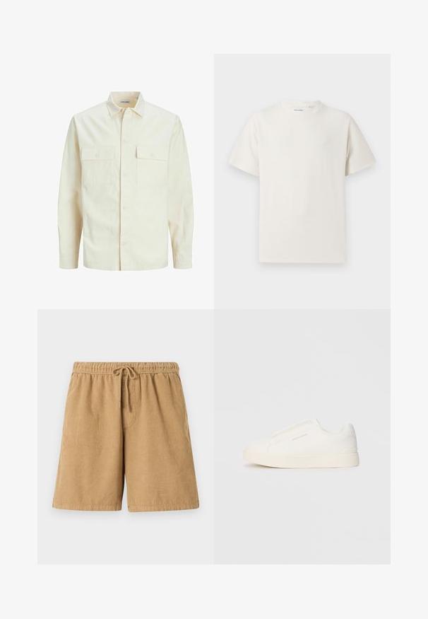 Gai bēšs garām piedurknēm krekls ar apkakles izgriezumu, divām priekšējām kabatām, pogu aizdari un teksturētu audumu.; Balta krūštura īsām piedurknēm ar ribota auduma faktūru. Apaļš kakla izgriezums, brīvs griezums, bez redzamām rakstām vai akcentiem. Vienkāršs un daudzpusīgs dizains.; Brūni korduroja šorti ar elastīgu jostasvietu un aukliņu. Iezīmē vertikālas rievotas līnijas un sānu kabatas. Īsa garuma un neformāls dizains.; Baltas slip-on sporta apavi ar teksturētu virsmu, biezu zoli un minimālistisku dizainu. Sānos redzams zīmola logotips.