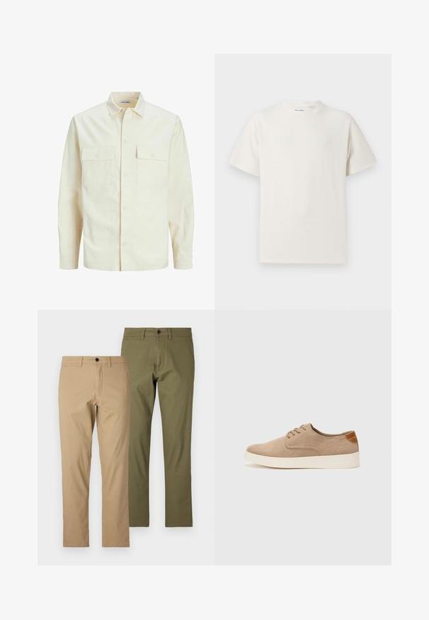 Hellbeige Langarmhemd mit klassischem Kragen, zwei Fronttaschen, Knopfverschluss und strukturiertem Stoff.; Weißes T-Shirt mit kurzen Ärmeln in gerippter Textur. Runder Ausschnitt, lockere Passform, keine sichtbaren Muster oder Akzente. Einfaches und vielseitiges Design.; Tan- und olivgrüne Baumwollhose, gerader Schnitt, mit Gürtelschlaufen, Reißverschluss und Knopfverschluss, mit glatter Textur.; Beige Wildleder-Sneaker mit runder Zehenpartie, Schnürung und strukturiertem Rückenteil. Die weiße Gummisohle sorgt für einen Kontrast. Einfaches und modernes Design.