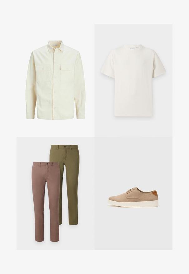 Svetlo bež srajca z dolgimi rokavi, ovratnim izrezom, dvema sprednjima žepoma, zapenjanjem na gumbe in teksturirano tkanino.; Bela majica s kratkimi rokavi iz rebraste tkanine. Okrogli izrez, sproščen kroj, brez vidnih vzorcev ali naglasov. Preprosta in vsestranska zasnova.; Dva para slim-fit hlač: ena v umirjeni rjavi barvi in druga v olivno zeleni. Obe imata čiste linije in standardni pas z gumbi.; Bež tkanine usnjene superge z zaobljenim nosom, vezalkami na sprednji strani in teksturiranim zadnjim detajlom. Belo gumijasto podplato zagotavlja kontrast. Enostaven in sodoben dizajn.