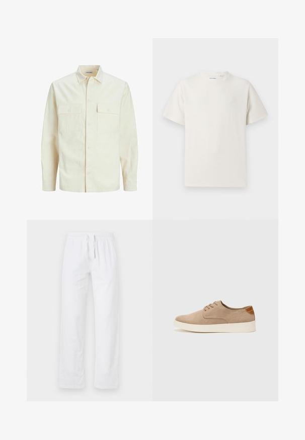 Svijetlo bež košulja dugih rukava s ovratnikom, dva prednja džepa, zatvaranje na dugmad i teksturirani materijal.; Bijela kratka majica s kratkim rukavima u rebrastoj teksturi. Okrugli izrez, ležeran kroj, bez vidljivih uzoraka ili akcenta. Jednostavan i svestran dizajn.; Bijele, lagane pamučne hlače s elastičnom naramenicom i vezicom; imaju široke nogavice i glatku, neizrezbarenu površinu.; Bež nubuk tenisice s okruglim vrhom, vezanjem sprijeda i teksturiranim stražnjim naglaskom. Bijela gumena potpetica pruža kontrast. Jednostavan i moderan dizajn.