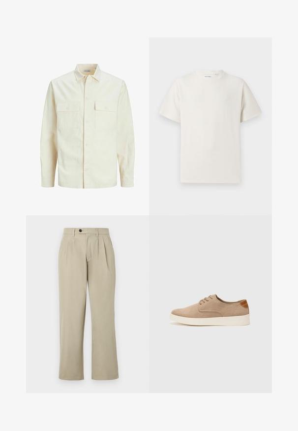 Chemise longue à manches longues beige clair avec un col, deux poches frontales, fermeture à boutons et un tissu texturé.; T-shirt blanc à manches courtes en texture côtelée. Encolure ronde, coupe décontractée, sans motifs ni accents visibles. Design simple et polyvalent.; Un pantalon beige à coupe décontractée, avec des plis, une fermeture à bouton, des poches latérales et des jambes droites. Texture de tissu lisse.; Baskets en daim beige avec un embout arrondi, un laçage sur le devant et un accent texturé à l'arrière. La semelle en caoutchouc blanche offre un contraste. Design simple et moderne.