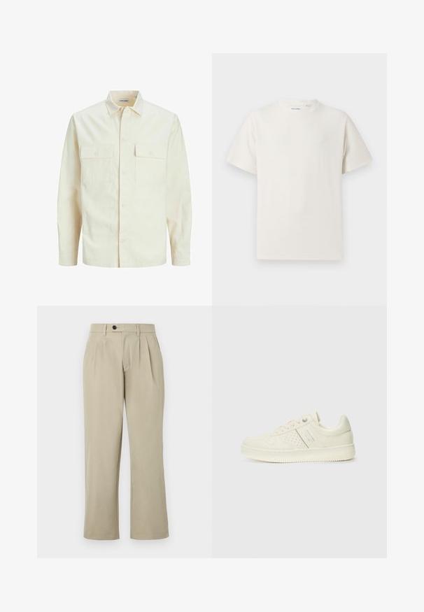 Cămașă lungă cu mâneci lungi de culoare bej deschis, cu guler, două buzunare frontale, închidere cu butoane și un material texturat.; Tricou alb cu maneci scurte, dintr-un material ribbed. Guler rotund, croi lejer, fără modele sau accente vizibile. Design simplu și versatil.; Pantaloni bej cu o croială lejeră, cu pliuri, închidere cu nasture, buzunare laterale și picioare drepte. Textură de țesătură netedă.; Adidași crem cu detalii perforate, șireturi și logo pe lateral, expuși pe un fundal alb simplu.