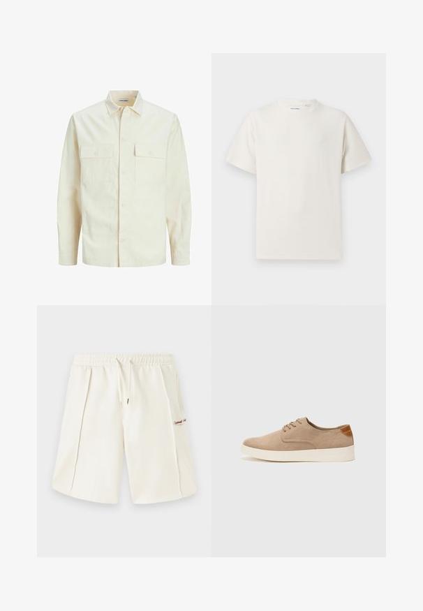 Világos bézs színű, hosszú ujjú ing, galléros nyakkal, két elülső zsebbel, gombos záródással és struktúrált anyaggal.; Fehér, rövid ujjú póló bordázott textúrával. Kerek nyakkivágás, laza szabás, nincs látható minta vagy díszítés. Egyszerű és sokoldalú dizájn.; Tej színű, puha anyagból készült rövidnadrág, rugalmas derékpánttal, húzózsinórral, oldalsó zsebekkel és egy kis piros logóval az oldalán.; Beige velúr sportcipő, kerek orral, fűzős elülső résszel és textúrált hátsó részlettel. Fehér gumitalp kontrasztot ad. Egyszerű és modern design.