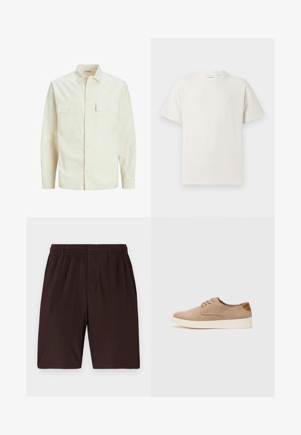 Camicia beige chiaro a maniche lunghe con colletto, due tasche frontali, chiusura a bottoni e un tessuto texturizzato.; T-shirt bianca a maniche corte in texture a coste. Girocollo, vestibilità rilassata, senza modelli o accenti visibili. Design semplice e versatile.; Shorts marroni a pieghe con vita elasticizzata e tasche, realizzati in tessuto leggero. La lunghezza arriva poco sopra il ginocchio.; Sneaker in suede beige con punta arrotondata, stringhe davanti e un accento testurizzato sul retro. La suola in gomma bianca offre un contrasto. Design semplice e moderno.
