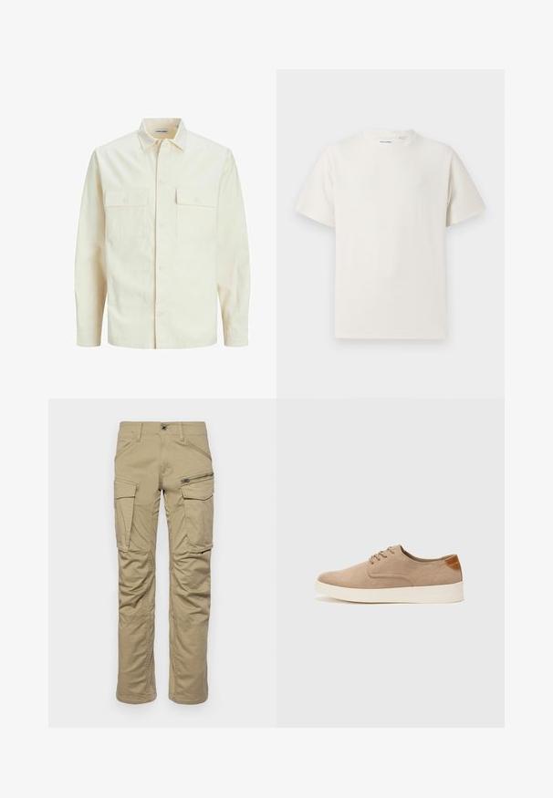 Svetlo béžová košeľa s dlhým rukávom, s golierom, dvoma prednými vreckami, zapínaním na gombíky a textúrovanou látkou.; Biela krátka tričko s krátkym rukávom so žebrovanou textúrou. Okrúhly výstrih, uvoľnený strih, žiadne viditeľné vzory ani akcenty. Jednoduchý a všestranný dizajn.; Béžové cargo nohavice s viacerými vreckami, vrátane dvoch bočných cargo vreciek a jedného predného vrecka na zips. Vyrobené z odolnej látky, rovný strih.; Béžové semišové tenisky s okrúhlou špičkou, šnurovaním vpredu a textúrovaným zadným akcentom. Biela gumová podrážka poskytuje kontrast. Jednoduchý a moderný dizajn.