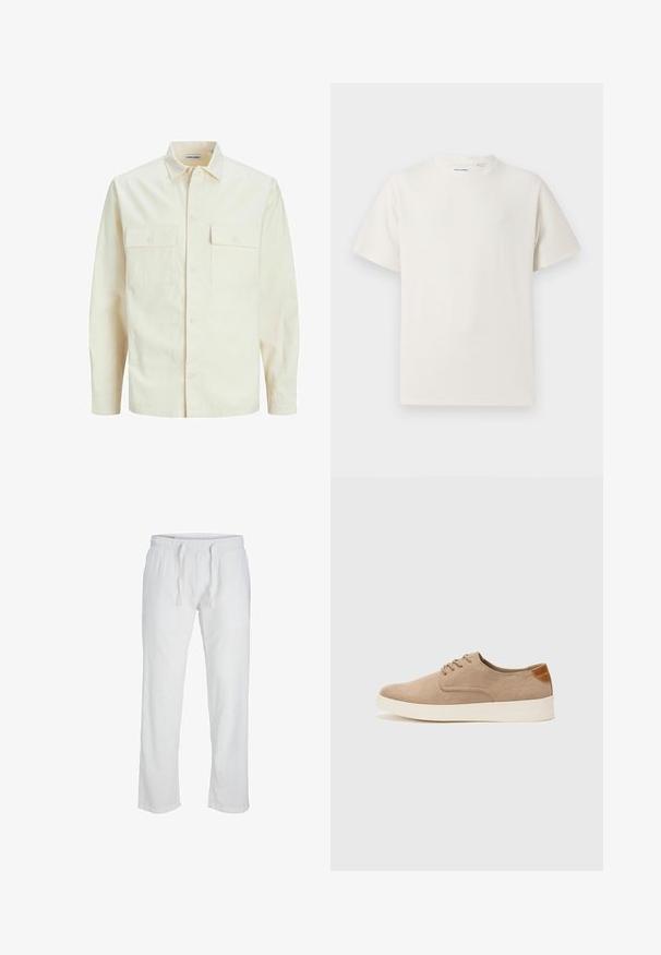 Lys beige langærmet skjorte med krave, to forlommer, knaplukning og et tekstureret stof.; Hvid kortærmet T-shirt i ribbet tekstur. Rund halsudskæring, løs pasform, ingen synlige mønstre eller accenter. Enkel og alsidig design.; Jack & Jones JPSTKANE SUMMER JOGGER  - Bukser - bright white; Beige ruskinds sneakers med rund tå, snørebånd foran og en struktureret rygdetalje. Hvid gummisål giver kontrast. Enkel og moderne design.