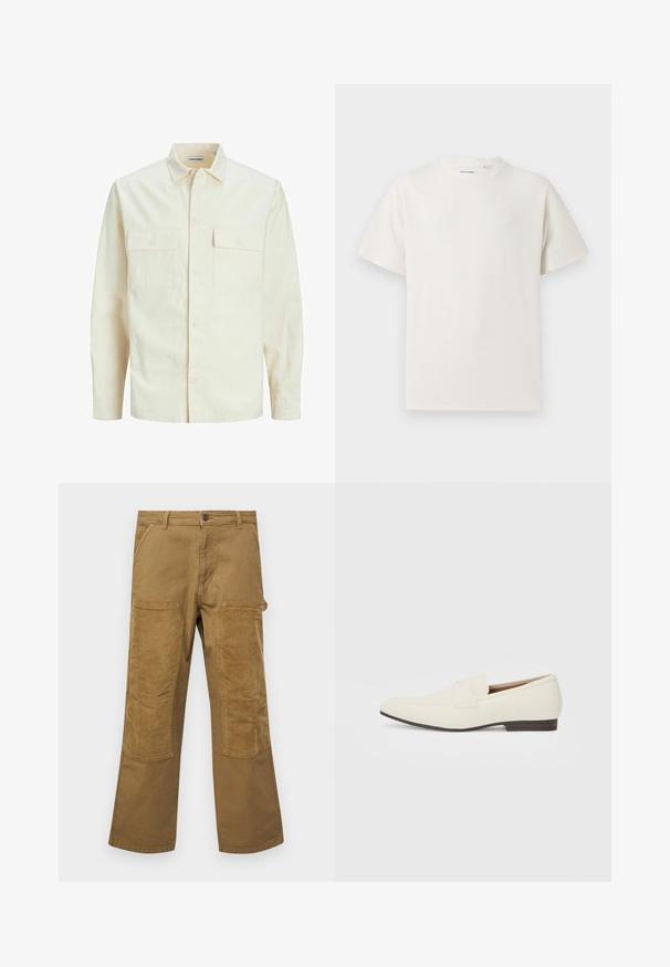 Vaaleanbeige pitkähihaisen paidan, jossa on kaulukset, kaksi etutaskua, nappikiinnitys ja tekstiilissä on tekstuuria.; Valkoinen lyhythihainen T-paita ribbikuviossa. Pyöreä kaula-aukko, rento istuvuus, ei näkyviä kuvioita tai yksityiskohtia. Yksinkertainen ja monikäyttöinen muotoilu.; Cargo-housut, jotka on valmistettu ruskeasta puuvillasta, joissa on kontrastiväriset ribbikankaiset paikat, suoralahkeinen mallitus, viisi taskua ja nappisulku.; Vaaleanbeige loaferit, joissa on terävä kärki, sileä materiaali, nauha vampin yli ja matala ruskea pohja. Yksinkertainen muotoilu, jossa on minimaalista korostusta.