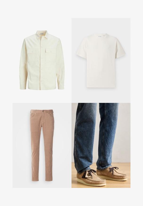 Cămașă lungă cu mâneci lungi de culoare bej deschis, cu guler, două buzunare frontale, închidere cu butoane și un material texturat.; Tricou alb cu maneci scurte, dintr-un material ribbed. Guler rotund, croi lejer, fără modele sau accente vizibile. Design simplu și versatil.; Pantaloni din catifea ușor maro, cu un design drept, având două buzunare frontale, închidere cu nasture și o textură moale cu dungi.; Mocasin din suede de culoare bej cu accente de maro închis, vârf rotunjit și talpă moale albă. Prezintă un design cu șireturi și detalii cusute.