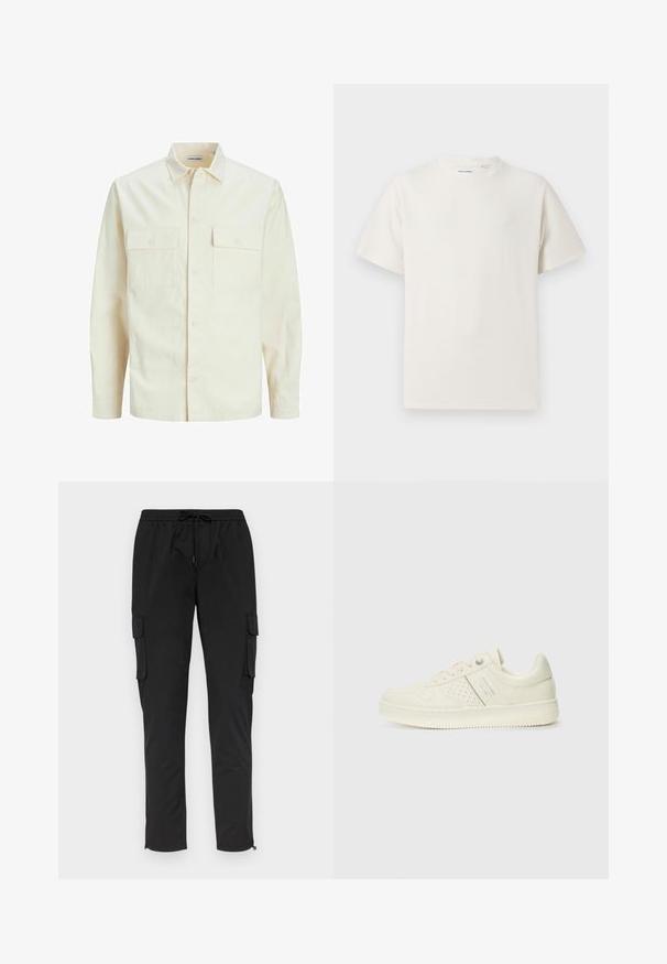 Lichtbeige langemouwen shirt met een kraaghalslijn, twee voorzakken, knoopsluiting en een gestructureerde stof.; Witte korte mouwen T-shirt met ribbelstructuur. Ronde hals, ontspannen pasvorm, geen zichtbare patronen of accenten. Eenvoudig en veelzijdig ontwerp.; Zwarte cargobroek met een elastische tailleband en trekkoord, voorzien van zijzakken en ritsboorden, gemaakt van lichtgewicht stof.; Crème-kleurige sneaker met geperforeerde details, veters en een logo aan de zijkant, weergegeven tegen een eenvoudige witte achtergrond.