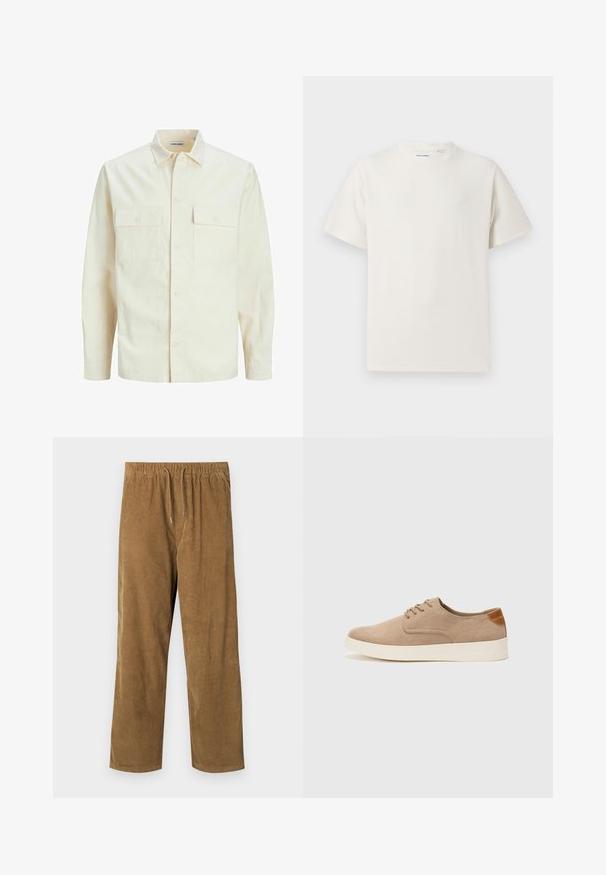 Kergedbež pika-särk pikkade varrukatega, krae ja kahe eespool asuva taskuga, nööpidega kinnitamine ja reljeefne materjal.; Valge lühikeste varrukatega T-särk ribakudumises. Ümar kaelus, mugav lõige, nähtavad mustrid ega aksessuaarid puuduvad. Lihtne ja mitmekesine disain.; Soojad pruunid kootud püksid, millel on elastne vöökoht ja nöörid, lõdva istumisega ja vertikaalne ribakujuline tekstuur.; Beežid nahast tossud ümarate varvastega, paeltega esiosa ja tekstuuriga tagakontuuriga. Valge kummist tallapakkumine loob kontrasti. Lihtne ja kaasaegne disain.