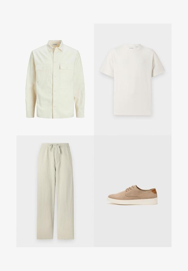 Lichtbeige langemouwen shirt met een kraaghalslijn, twee voorzakken, knoopsluiting en een gestructureerde stof.; Witte korte mouwen T-shirt met ribbelstructuur. Ronde hals, ontspannen pasvorm, geen zichtbare patronen of accenten. Eenvoudig en veelzijdig ontwerp.; Lichtgrijze, wijde broek gemaakt van zachte, gestructureerde stof. Bevat een elastische tailleband met trekkoord en zijzakken.; Beige suède sneakers met een ronde neus, vetersluiting aan de voorkant en een getextureerde achteraccent. De witte rubberen zool zorgt voor contrast. Eenvoudig en modern ontwerp.