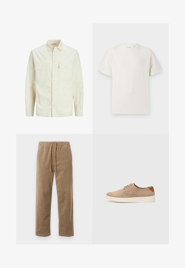 Lichtbeige langemouwen shirt met een kraaghalslijn, twee voorzakken, knoopsluiting en een gestructureerde stof.; Witte korte mouwen T-shirt met ribbelstructuur. Ronde hals, ontspannen pasvorm, geen zichtbare patronen of accenten. Eenvoudig en veelzijdig ontwerp.; Bruine ribfluwelen broek met een elastische tailleband en aantrekkoord, met een relaxte pasvorm en rechte pijpen, textuur met geribbeld patroon.; Beige suède sneakers met een ronde neus, vetersluiting aan de voorkant en een getextureerde achteraccent. De witte rubberen zool zorgt voor contrast. Eenvoudig en modern ontwerp.