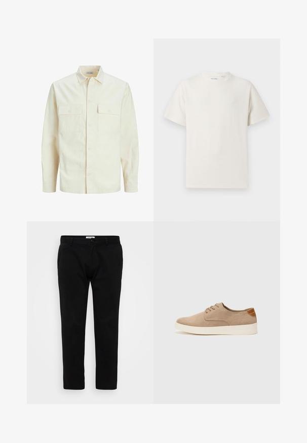 Hellbeige Langarmhemd mit klassischem Kragen, zwei Fronttaschen, Knopfverschluss und strukturiertem Stoff.; Weißes T-Shirt mit kurzen Ärmeln in gerippter Textur. Runder Ausschnitt, lockere Passform, keine sichtbaren Muster oder Akzente. Einfaches und vielseitiges Design.; Schwarze Hosen im Slim-Fit-Design mit flachem Vorderteil, Gürtelschlaufen und einem Reißverschluss mit Knopfverschluss. Hergestellt aus glattem, robustem Stoff.; Beige Wildleder-Sneaker mit runder Zehenpartie, Schnürung und strukturiertem Rückenteil. Die weiße Gummisohle sorgt für einen Kontrast. Einfaches und modernes Design.