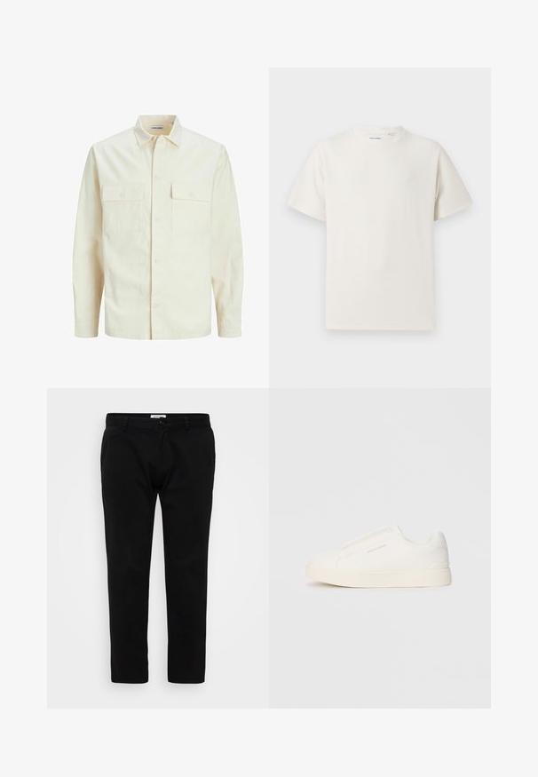 Lichtbeige langemouwen shirt met een kraaghalslijn, twee voorzakken, knoopsluiting en een gestructureerde stof.; Witte korte mouwen T-shirt met ribbelstructuur. Ronde hals, ontspannen pasvorm, geen zichtbare patronen of accenten. Eenvoudig en veelzijdig ontwerp.; Zwarte broek in een slim fit ontwerp, met een vlakke voorkant, riemlussen en een rits met knoopsluiting. Gemaakt van een soepele, stevige stof.; Witte instap sneakers met een gestructureerd oppervlak, een dikke zool en een minimalistisch ontwerp. Bevat het merklogo aan de zijkant.