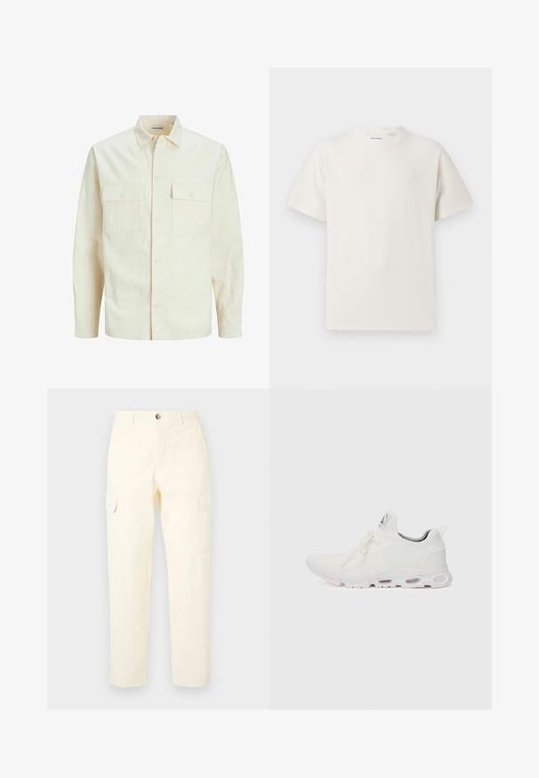 Svetlo bež srajca z dolgimi rokavi, ovratnim izrezom, dvema sprednjima žepoma, zapenjanjem na gumbe in teksturirano tkanino.; Bela majica s kratkimi rokavi iz rebraste tkanine. Okrogli izrez, sproščen kroj, brez vidnih vzorcev ali naglasov. Preprosta in vsestranska zasnova.; Svetlo rumene cargo hlače iz bombaža, ki imajo stranske žepe in ravno oblikovan kroj, z gumbom za zapiranje v pasu.; Bela atletska obuća z značilnom pletenom gornjom stranom, ravnim vezicama i podlogom s jastučićem koja ima vidljive zračne komore za dodatnu potporu.