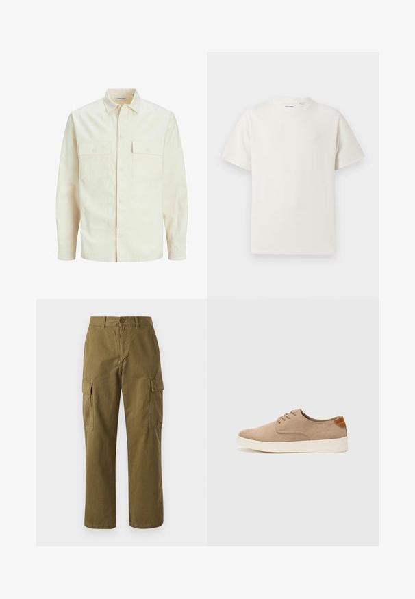 Svetlo bež srajca z dolgimi rokavi, ovratnim izrezom, dvema sprednjima žepoma, zapenjanjem na gumbe in teksturirano tkanino.; Bela majica s kratkimi rokavi iz rebraste tkanine. Okrogli izrez, sproščen kroj, brez vidnih vzorcev ali naglasov. Preprosta in vsestranska zasnova.; Olive zelene cargo hlače iz bombaža, z ravnim krojem, sprednjim gumbom in dvema stranskima žepoma s poklopci.; Bež tkanine usnjene superge z zaobljenim nosom, vezalkami na sprednji strani in teksturiranim zadnjim detajlom. Belo gumijasto podplato zagotavlja kontrast. Enostaven in sodoben dizajn.