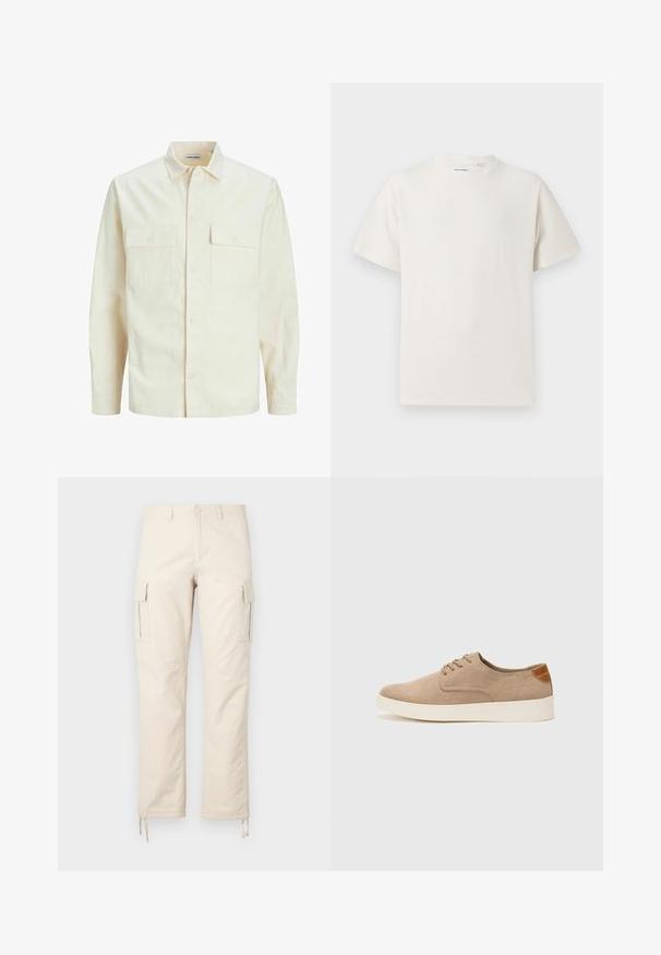 Világos bézs színű, hosszú ujjú ing, galléros nyakkal, két elülső zsebbel, gombos záródással és struktúrált anyaggal.; Fehér, rövid ujjú póló bordázott textúrával. Kerek nyakkivágás, laza szabás, nincs látható minta vagy díszítés. Egyszerű és sokoldalú dizájn.; Beige vászon cargo nadrág, pamut keverék anyagból készült. Jellemzői közé tartozik két oldalsó zseb, egyenes lábú fazon és állítható kötőfékek az alján.; Beige velúr sportcipő, kerek orral, fűzős elülső résszel és textúrált hátsó részlettel. Fehér gumitalp kontrasztot ad. Egyszerű és modern design.