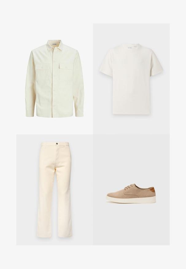 Ljusbeige långärmad skjorta med krage, två framfickor, knäppning och en texturerad tyg.; Vit t-shirt med kort ärm i ribbad struktur. Rund halsringning, löst sittande passform, inga synliga mönster eller detaljer. Enkelt och mångsidigt design.; Krämfärgade bomullsjeans med rak bendesign, som har en knappstängning fram och standard femficksstil.; Beige mockasinsneakers med rund tå, snörning fram och texturerad bakaxel. Vit gummisula ger kontrast. Enkelt och modernt design.