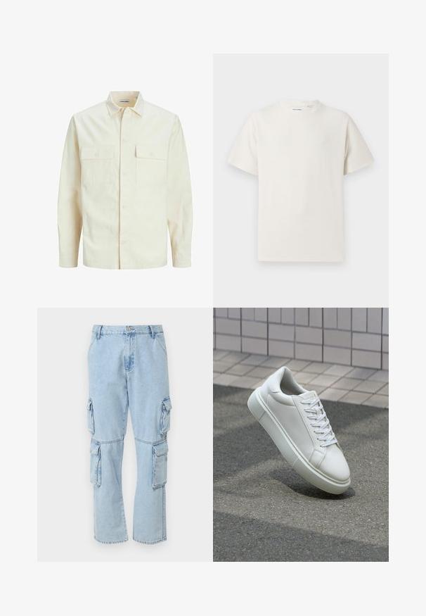 Kergedbež pika-särk pikkade varrukatega, krae ja kahe eespool asuva taskuga, nööpidega kinnitamine ja reljeefne materjal.; Valge lühikeste varrukatega T-särk ribakudumises. Ümar kaelus, mugav lõige, nähtavad mustrid ega aksessuaarid puuduvad. Lihtne ja mitmekesine disain.; Only & Sons ONSEDGE - Sirgete säärtega teksad - light blue denim; Valge nahkline sneka, millel on sile pind, ümar varvas ja lame valge pael. Omab tekstuuriga kummist talla ja minimaalset kujunduselementi.