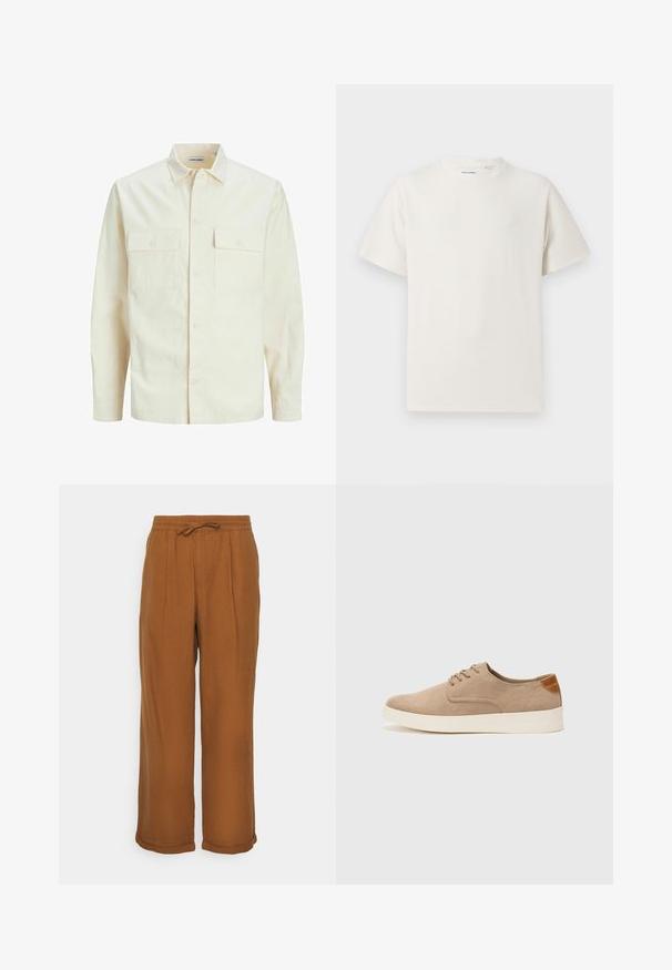 Šviesiai smėlio spalvos ilgomis rankovėmis marškiniai su apykakle, dviem priekinėmis kišenėmis, mygtukų uždarymu ir tekstūruota medžiaga.; Balta trumpa rankovė T-polo marškinėlių su juostelėmis tekstūra. Apvalus iškirpimas, laisvas fasonas, jokių matomų raštų ar akcentų. Paprastas ir universalus dizainas.; Rudos lininiai šortai su laisvu fasonu, elastinga juosme, raišteliu ir dviem priekineis raukšlėmis pridėtam tekstūrai. Suvynioti kraštai.; Bežiniai zomšiniai sportbačiai su apvaliomis pirštų dalimis, raišteliais priekyje ir tekstūruotu užkulniu. Balta guma suteikia kontrastą. Paprastas ir modernus dizainas.