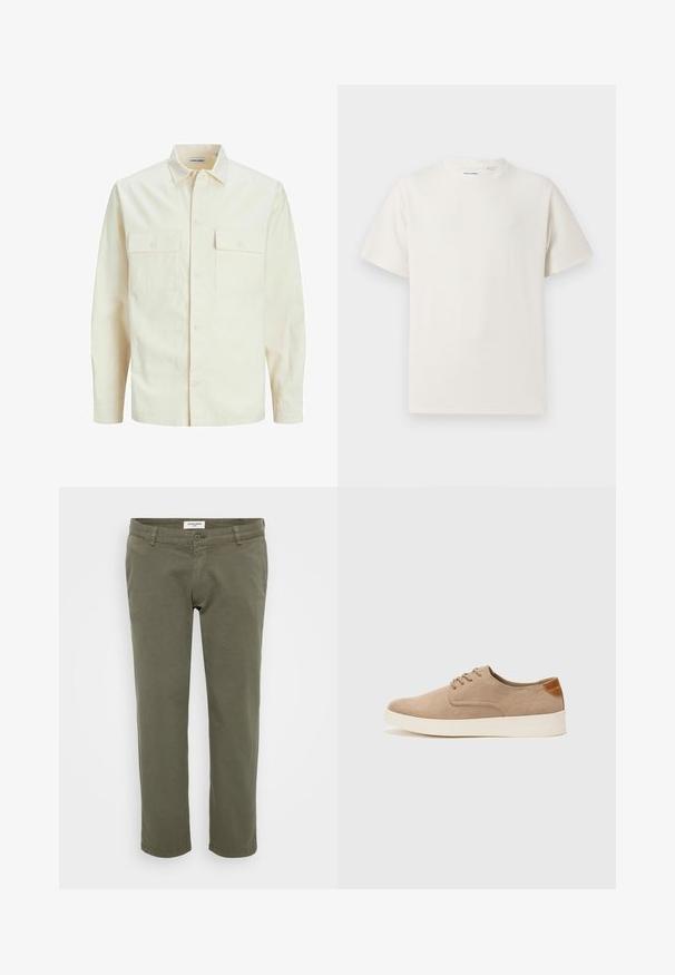 Svetlo bež srajca z dolgimi rokavi, ovratnim izrezom, dvema sprednjima žepoma, zapenjanjem na gumbe in teksturirano tkanino.; Bela majica s kratkimi rokavi iz rebraste tkanine. Okrogli izrez, sproščen kroj, brez vidnih vzorcev ali naglasov. Preprosta in vsestranska zasnova.; Olivno zeleni chinos hlače s ravnim krojem, narejene iz bombaža z rahlo teksturo, z gumbom za zapiranje in obročki za pas.; Bež tkanine usnjene superge z zaobljenim nosom, vezalkami na sprednji strani in teksturiranim zadnjim detajlom. Belo gumijasto podplato zagotavlja kontrast. Enostaven in sodoben dizajn.