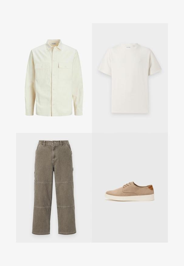 Lys beige langærmet skjorte med krave, to forlommer, knaplukning og et tekstureret stof.; Hvid kortærmet T-shirt i ribbet tekstur. Rund halsudskæring, løs pasform, ingen synlige mønstre eller accenter. Enkel og alsidig design.; Bomulds cargobukser i dæmpet olivengrøn med brede ben, dobbelt-syede detaljer og sidelommer, med knaplukning og bæltestropper.; Beige ruskinds sneakers med rund tå, snørebånd foran og en struktureret rygdetalje. Hvid gummisål giver kontrast. Enkel og moderne design.