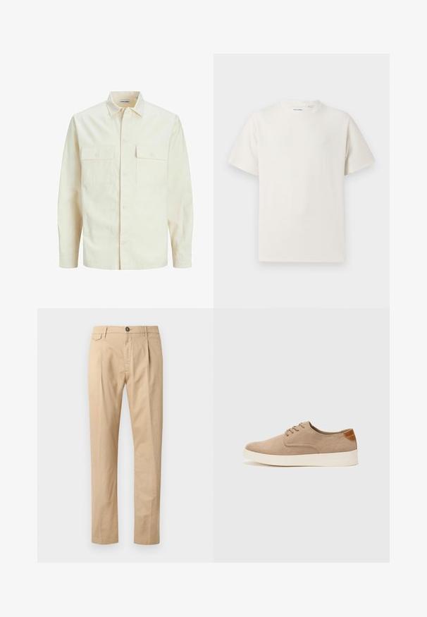 Camicia beige chiaro a maniche lunghe con colletto, due tasche frontali, chiusura a bottoni e un tessuto texturizzato.; T-shirt bianca a maniche corte in texture a coste. Girocollo, vestibilità rilassata, senza modelli o accenti visibili. Design semplice e versatile.; Pantaloni beige in cotone straigh-leg da uomo con tasche frontali, passanti per cintura, chiusura con bottone e zip, su uno sfondo bianco.; Sneaker in suede beige con punta arrotondata, stringhe davanti e un accento testurizzato sul retro. La suola in gomma bianca offre un contrasto. Design semplice e moderno.