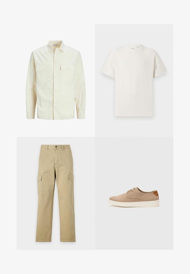 Hellbeige Langarmhemd mit klassischem Kragen, zwei Fronttaschen, Knopfverschluss und strukturiertem Stoff.; Weißes T-Shirt mit kurzen Ärmeln in gerippter Textur. Runder Ausschnitt, lockere Passform, keine sichtbaren Muster oder Akzente. Einfaches und vielseitiges Design.; Beige Cargo-Hosen aus Baumwolle, mit zwei Seitentaschen, einem Knopfverschluss und geraden Beinen aus einem leicht strukturierten Stoff.; Beige Wildleder-Sneaker mit runder Zehenpartie, Schnürung und strukturiertem Rückenteil. Die weiße Gummisohle sorgt für einen Kontrast. Einfaches und modernes Design.