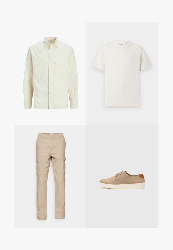 Lichtbeige langemouwen shirt met een kraaghalslijn, twee voorzakken, knoopsluiting en een gestructureerde stof.; Witte korte mouwen T-shirt met ribbelstructuur. Ronde hals, ontspannen pasvorm, geen zichtbare patronen of accenten. Eenvoudig en veelzijdig ontwerp.; Beige cargobroek van stevig materiaal, met meerdere zijzakken, een klassieke pasvorm en rechte benen met eenvoudige stiksels.; Beige suède sneakers met een ronde neus, vetersluiting aan de voorkant en een getextureerde achteraccent. De witte rubberen zool zorgt voor contrast. Eenvoudig en modern ontwerp.