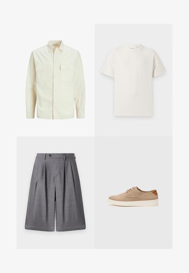 Chemise longue à manches longues beige clair avec un col, deux poches frontales, fermeture à boutons et un tissu texturé.; T-shirt blanc à manches courtes en texture côtelée. Encolure ronde, coupe décontractée, sans motifs ni accents visibles. Design simple et polyvalent.; Shorts taillés gris en tissu lisse, dotés de plis, d'une fermeture à bouton et d'une taille rigide pour un ajustement structuré.; Baskets en daim beige avec un embout arrondi, un laçage sur le devant et un accent texturé à l'arrière. La semelle en caoutchouc blanche offre un contraste. Design simple et moderne.