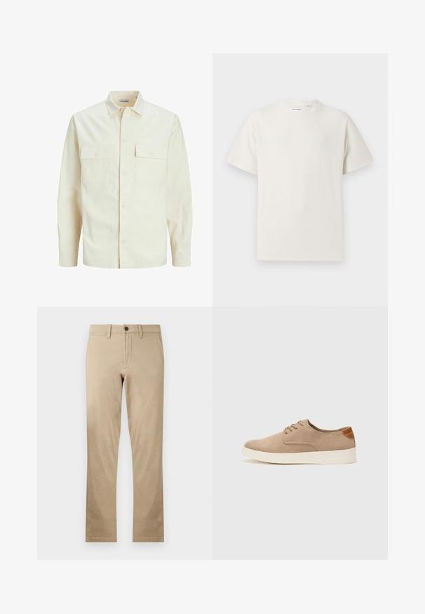 Cămașă lungă cu mâneci lungi de culoare bej deschis, cu guler, două buzunare frontale, închidere cu butoane și un material texturat.; Tricou alb cu maneci scurte, dintr-un material ribbed. Guler rotund, croi lejer, fără modele sau accente vizibile. Design simplu și versatil.; Chino-uri din bumbac bej cu un design drept, prevăzute cu un singur nasture maro la talie și buzunare standard în față și în spate.; Tenisi din suede bej cu vârf rotund, sistem de șireturi în față și un accent texturat în spate. Talpa albă din cauciuc oferă un contrast. Design simplu și modern.