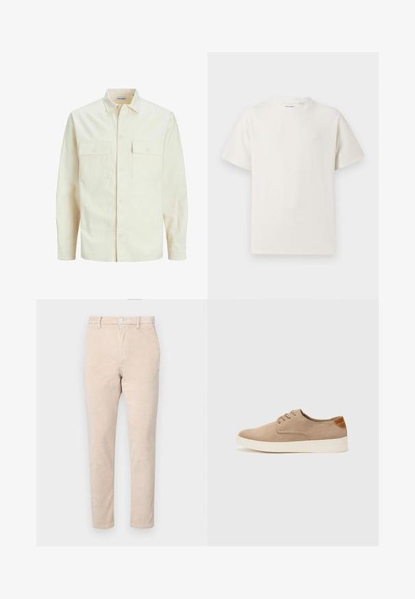 Hellbeige Langarmhemd mit klassischem Kragen, zwei Fronttaschen, Knopfverschluss und strukturiertem Stoff.; Weißes T-Shirt mit kurzen Ärmeln in gerippter Textur. Runder Ausschnitt, lockere Passform, keine sichtbaren Muster oder Akzente. Einfaches und vielseitiges Design.; Beige Cordhosen mit geradem Bein, ausgestattet mit einem Knopfverschluss, Gürtelschlaufen und einer dezenten Rippstruktur.; Beige Wildleder-Sneaker mit runder Zehenpartie, Schnürung und strukturiertem Rückenteil. Die weiße Gummisohle sorgt für einen Kontrast. Einfaches und modernes Design.