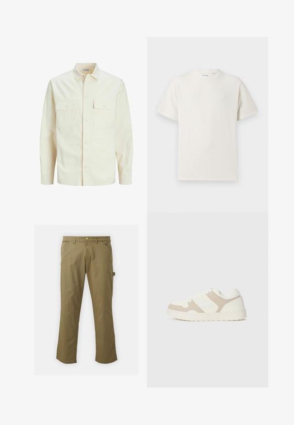 Lys beige langærmet skjorte med krave, to forlommer, knaplukning og et tekstureret stof.; Hvid kortærmet T-shirt i ribbet tekstur. Rund halsudskæring, løs pasform, ingen synlige mønstre eller accenter. Enkel og alsidig design.; Kaki bukser lavet af glat stof, med knaplukning, bæltestropper, to forlommer og en sidelomme, i lige ben design.; Hvide og beige sneakers med en kombination af glatte og ruskindseffekter, rund tå, snørelukning og flad gummisål.