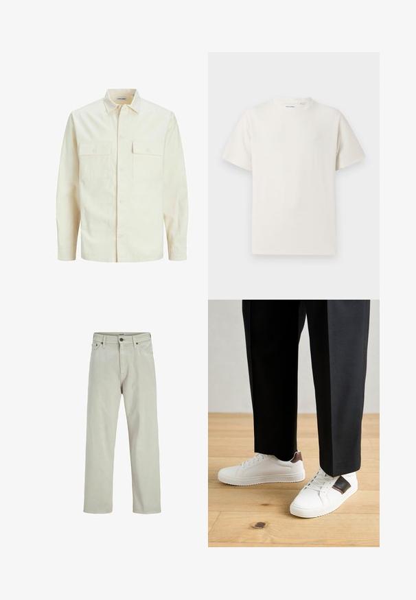 Jasno beżowa koszula z długim rękawem, z kołnierzykiem, dwoma kieszeniami z przodu, zapięciem na guziki i teksturowanym materiałem.; Biała krótka koszulka z krótkim rękawem o żebrowanej fakturze. Okrągły dekolt, luźny krój, brak widocznych wzorów lub akcentów. Prosty i uniwersalny design.; Jasnobeżowe dżinsy w stylu prostym, o pięciu kieszeniach i guzikowym zapięciu w pasie, z minimalną liczbą detali szwów.; Białe trampki o gładkiej fakturze, z brązowymi skórzanymi akcentami i czarnymi detalami, zestawione z czarnymi eleganckimi spodniami. Tło stanowi drewniana podłoga.