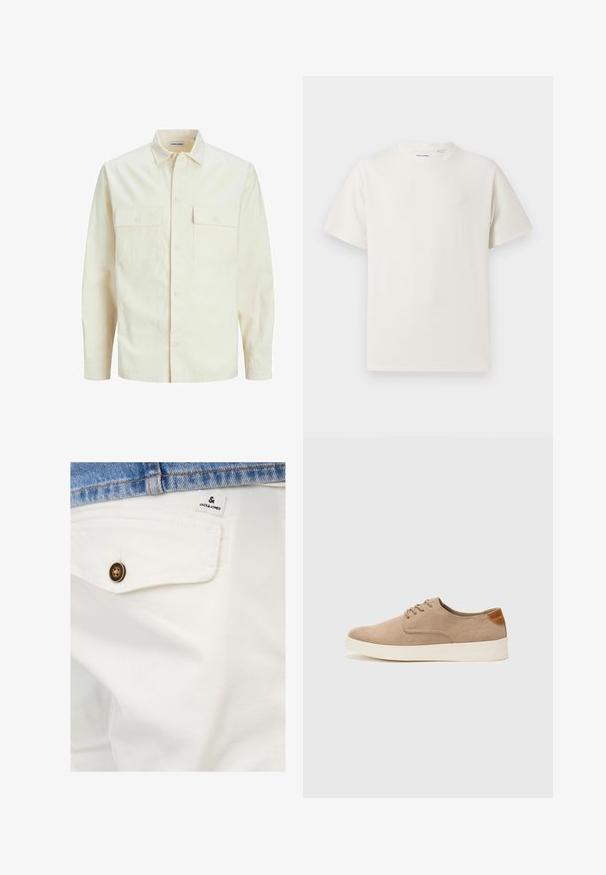 Lys beige langærmet skjorte med krave, to forlommer, knaplukning og et tekstureret stof.; Hvid kortærmet T-shirt i ribbet tekstur. Rund halsudskæring, løs pasform, ingen synlige mønstre eller accenter. Enkel og alsidig design.; Hvide bomuldsshorts med en lomme foran, med en brun knap og et lille JACK & JONES mærke nær taljen.; Beige ruskinds sneakers med rund tå, snørebånd foran og en struktureret rygdetalje. Hvid gummisål giver kontrast. Enkel og moderne design.