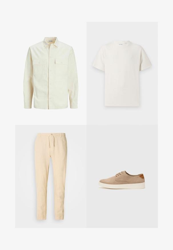 Hellbeige Langarmhemd mit klassischem Kragen, zwei Fronttaschen, Knopfverschluss und strukturiertem Stoff.; Weißes T-Shirt mit kurzen Ärmeln in gerippter Textur. Runder Ausschnitt, lockere Passform, keine sichtbaren Muster oder Akzente. Einfaches und vielseitiges Design.; Helle beige Leinenhosen mit einem Zugbandbund, schmal zulaufenden Beinen und elastischen Manschetten. Einfaches Design mit einer dezenten Textur.; Beige Wildleder-Sneaker mit runder Zehenpartie, Schnürung und strukturiertem Rückenteil. Die weiße Gummisohle sorgt für einen Kontrast. Einfaches und modernes Design.