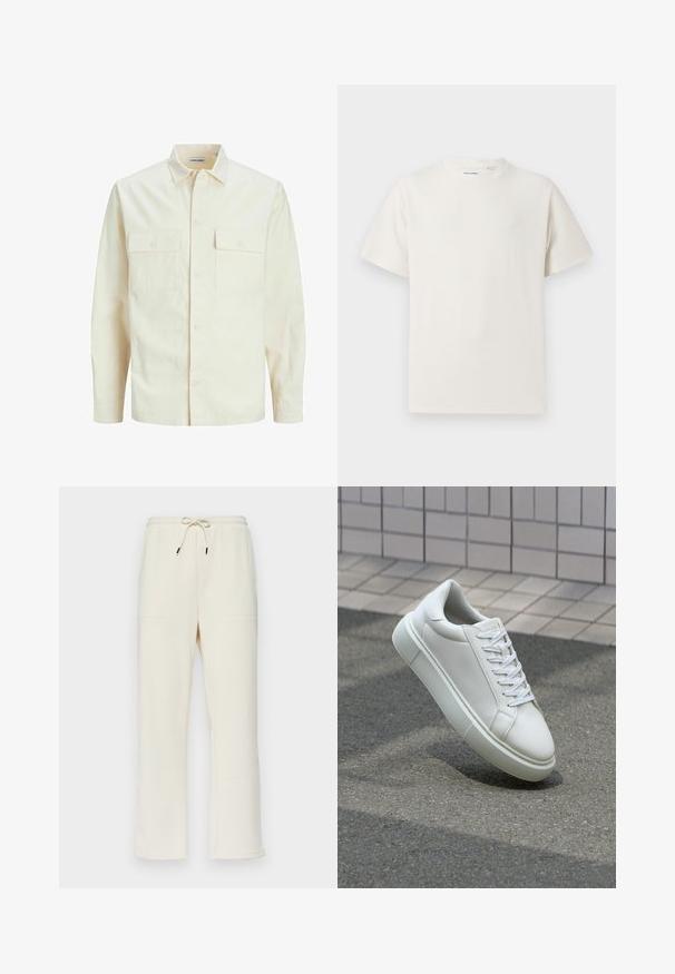 Hellbeige Langarmhemd mit klassischem Kragen, zwei Fronttaschen, Knopfverschluss und strukturiertem Stoff.; Weißes T-Shirt mit kurzen Ärmeln in gerippter Textur. Runder Ausschnitt, lockere Passform, keine sichtbaren Muster oder Akzente. Einfaches und vielseitiges Design.; Ecrufarbene, gerippte Sweatpants mit einem Kordelzugbund, die zwei Seitentaschen und ein gerades Bein-Design aufweisen.; Weiße Leder-Sneaker mit glatter Oberfläche, runder Zehenpartie und flachen weißen Schnürsenkeln. Verfügt über eine strukturierte Gummisohle und minimalistische Designelemente.