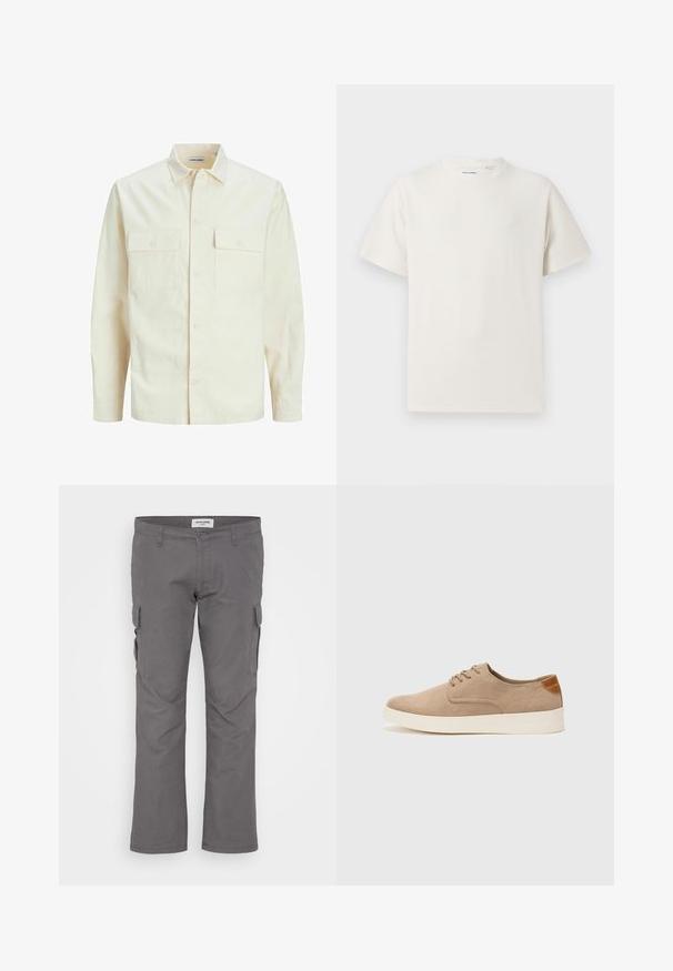 Světle béžová košile s dlouhým rukávem, límečkem, dvěma předními kapsami, zapínáním na knoflíky a strukturovanou tkaninou.; Bílý krátký rukáv tričko s pružnou strukturou. Kulatý výstřih, volný střih, bez viditelných vzorů nebo detailů. Jednoduchý a univerzální design.; Šedé cargo kalhoty s rovným střihem, vyrobené z látky s bavlněným vláknem. Obsahují více bočních kapes a mají standardní pas. Hladká textura.; Béžové semišové tenisky s kulatou špičkou, šněrováním vpředu a texturovaným zadním akcentem. Bílá gumová podrážka poskytuje kontrast. Jednoduchý a moderní design.