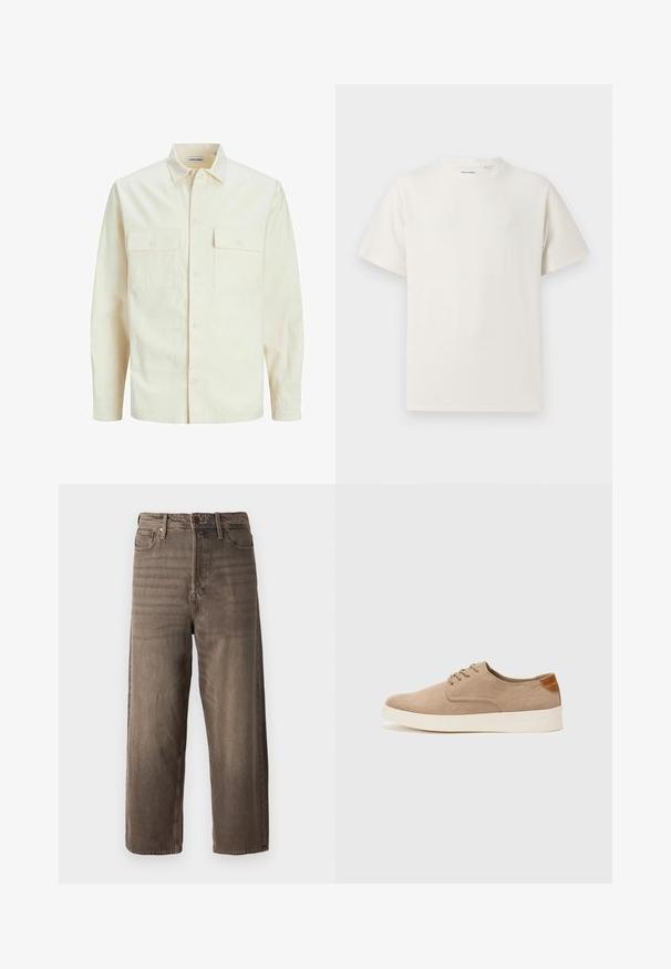 Vaaleanbeige pitkähihaisen paidan, jossa on kaulukset, kaksi etutaskua, nappikiinnitys ja tekstiilissä on tekstuuria.; Valkoinen lyhythihainen T-paita ribbikuviossa. Pyöreä kaula-aukko, rento istuvuus, ei näkyviä kuvioita tai yksityiskohtia. Yksinkertainen ja monikäyttöinen muotoilu.; Ruske leve hlače iz denima. Imajo zadrgo, obrobo za pas in pet žepov. Tkanina ima zbledel, teksturiran videz.; Beige nubuck-lenkkarit, joissa on pyöreä kärki, nauhakiinnitys ja teksturoitu takaosa. Valkoinen kumipohja tuo kontrastia. Yksinkertainen ja moderni muotoilu.