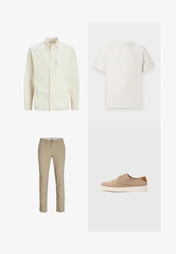 Chemise longue à manches longues beige clair avec un col, deux poches frontales, fermeture à boutons et un tissu texturé.; T-shirt blanc à manches courtes en texture côtelée. Encolure ronde, coupe décontractée, sans motifs ni accents visibles. Design simple et polyvalent.; Pantalons en coton beige avec une coupe slim, dotés d'une fermeture éclair à l'avant, d'une fermeture à bouton et de quatre poches. Texture lisse, sans motifs ni accents.; Baskets en daim beige avec un embout arrondi, un laçage sur le devant et un accent texturé à l'arrière. La semelle en caoutchouc blanche offre un contraste. Design simple et moderne.