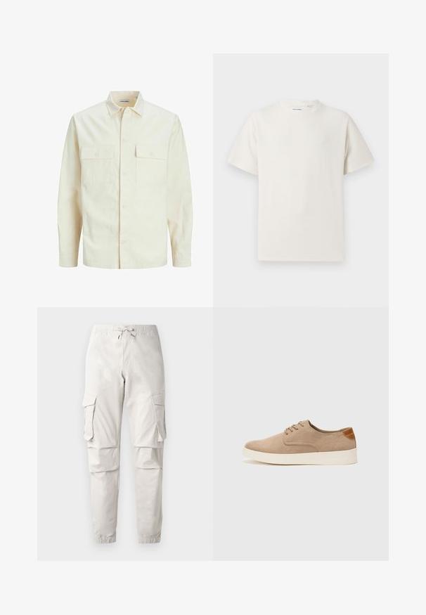 Camicia beige chiaro a maniche lunghe con colletto, due tasche frontali, chiusura a bottoni e un tessuto texturizzato.; T-shirt bianca a maniche corte in texture a coste. Girocollo, vestibilità rilassata, senza modelli o accenti visibili. Design semplice e versatile.; Pantaloni cargo beige chiaro con vita elasticizzata, cordoncino, tasche laterali e polsini affusolati. Realizzati in un tessuto leggero e liscio.; Sneaker in suede beige con punta arrotondata, stringhe davanti e un accento testurizzato sul retro. La suola in gomma bianca offre un contrasto. Design semplice e moderno.